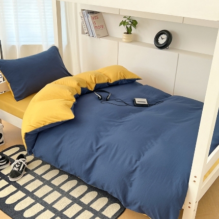 91家纺网 家纺一手货源 找家纺 （总）（总）2025新款纯色双拼水洗棉学生三件套六件套上下铺组合套装床品套件