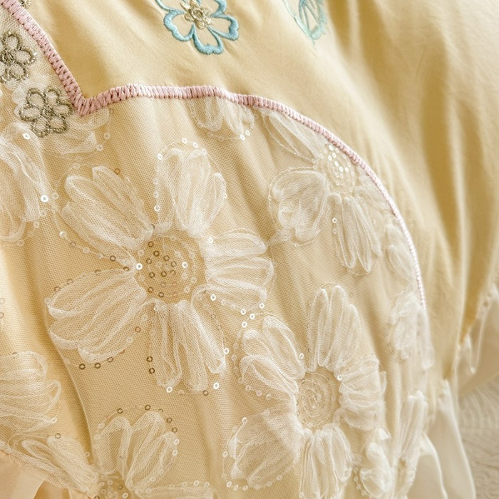 91家纺网 家纺一手货源 找家纺 苏米娜 2025夏季韩版公主风亲肤水洗棉全棉蕾丝花边床裙床盖四件套-秘密花园系列   秘密花园—嫩黄 