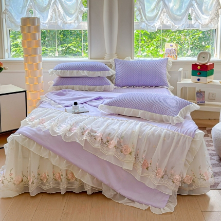 91家纺网 家纺一手货源 找家纺 苏米娜2025爆款新款夏季韩版公主风水洗棉全棉蕾丝花边床盖款三件套夏被四件套 梦幻—樱花粉