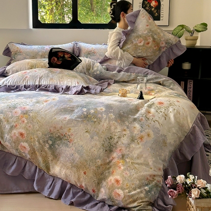 91家纺网 家纺一手货源 找家纺 （总）【苏东来】2025高端韩版法式花边蕾丝纯棉全棉双层纱四件套复古赫本公主风浪漫荷叶边田园花卉全棉纯棉四件套被套床单少女床上用品