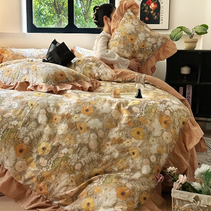 （总）【苏东来】2025高端韩版法式花边蕾丝纯棉全棉双层纱四件套复古赫本公主风浪漫荷叶边田园花卉全棉纯棉四件套被套床单少女床上用品