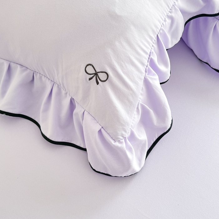 91家纺网 家纺一手货源 找家纺 苏米娜2025春夏新品韩版超柔水洗棉蝴蝶结刺绣针织棉双层纱床裙款四件套纯棉棉麻全棉公主风床裙款四件套 蝶儿飞飞--梦幻紫