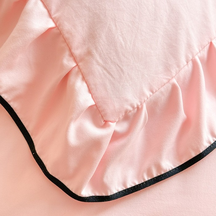 91家纺网 家纺一手货源 找家纺 苏米娜2025春夏新品韩版超柔水洗棉蝴蝶结刺绣针织棉双层纱床裙款四件套纯棉棉麻全棉公主风床裙款四件套  蝶儿飞飞—樱花粉