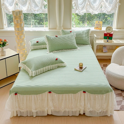 漫布云 2025夏季新款PE聚乙烯中分子凉感凉豆豆蕾丝花边床裙款凉席三件套冰豆豆凉席可折叠可机洗 可可-翡翠绿 