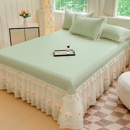 91家纺网 家纺一手货源 找家纺 （总）苏米娜2025甄选A类凉豆豆纯色系蕾丝花边床裙款床单款床盖床单凉席三件套蕾丝床盖款凉席三件套