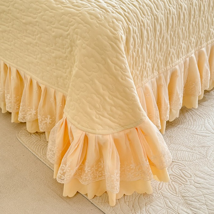 91家纺网 家纺一手货源 找家纺 2025春夏新品韩版公主风超柔水洗棉床盖四件套刺绣针织棉双层纱纯棉棉麻全棉公主风床盖款四件套 秘密花园—嫩黄 