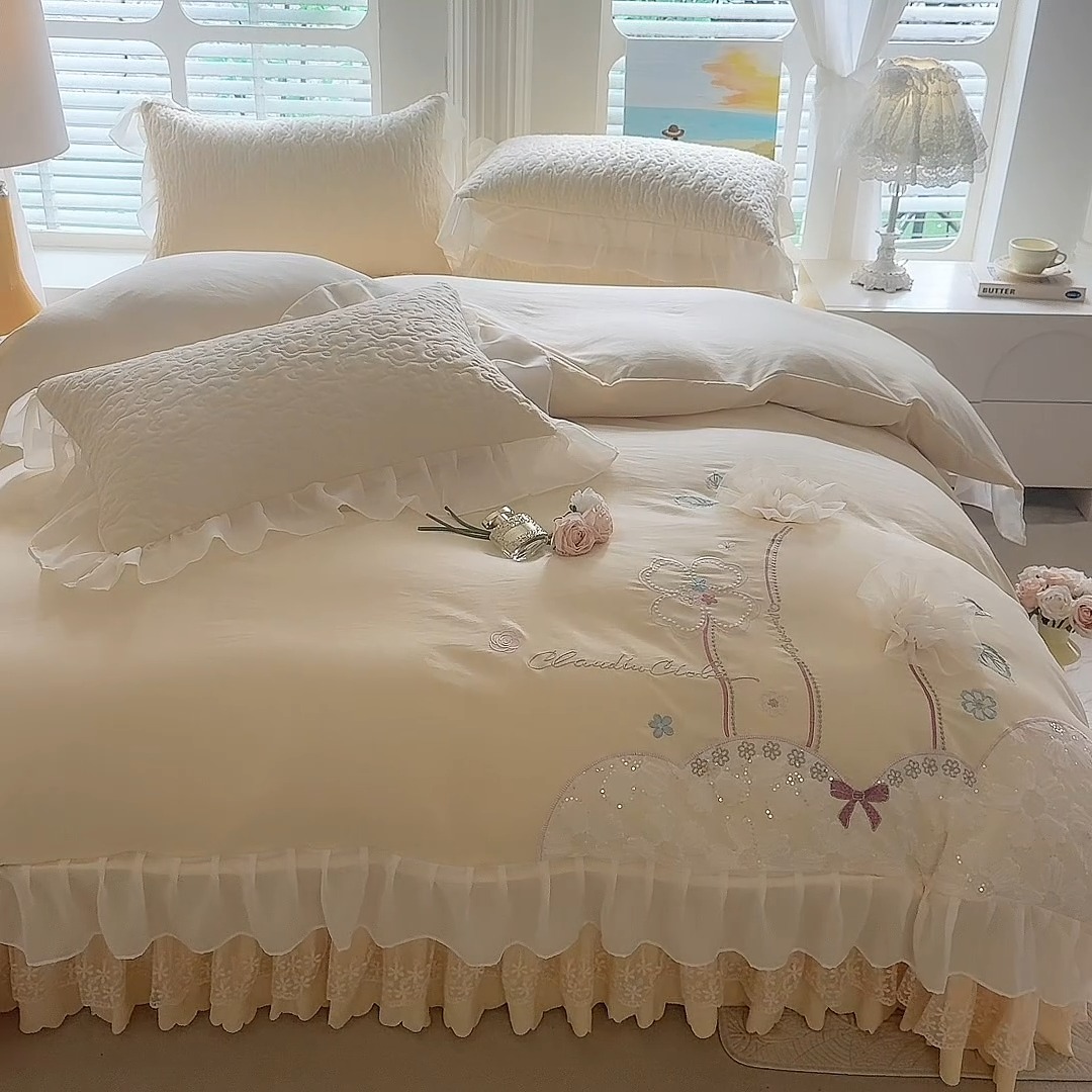 91家纺网 家纺一手货源 找家纺 2025春夏新品韩版公主风超柔水洗棉床盖四件套刺绣针织棉双层纱纯棉棉麻全棉公主风床盖款四件套 秘密花园—嫩黄 