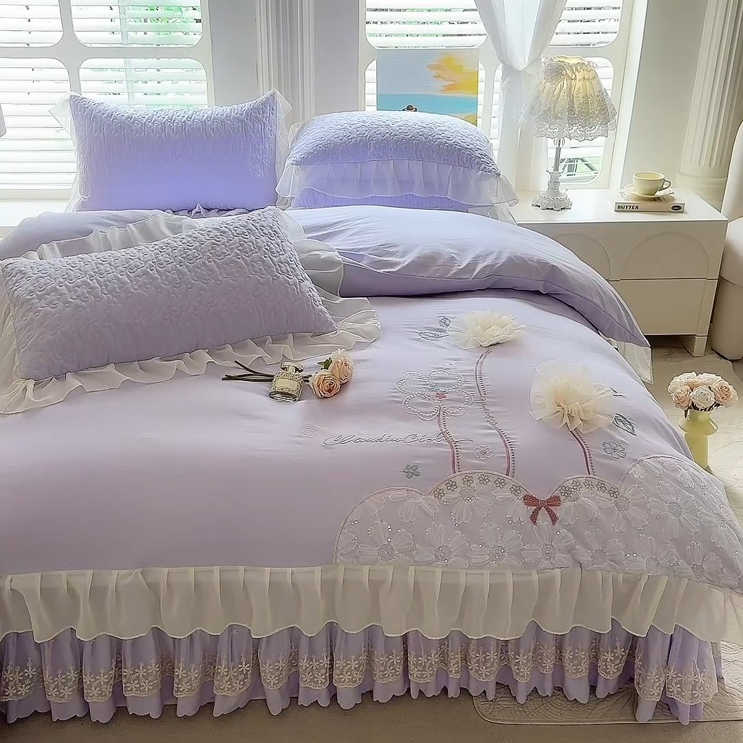 91家纺网 家纺一手货源 找家纺 2025春夏新品韩版公主风超柔水洗棉床盖四件套刺绣针织棉双层纱纯棉棉麻全棉公主风床盖款四件套 秘密花园—梦幻紫