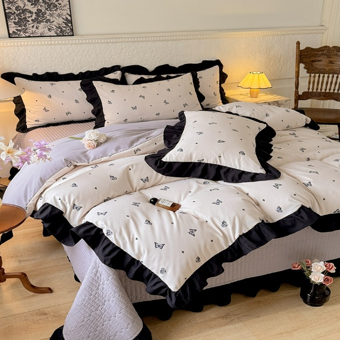 91家纺网 家纺一手货源 找家纺 苏米娜家纺2025新款春夏法式A类母婴级针织双层纱床盖款四件套赫本风全棉纯棉麻泡泡棉小竺棉超柔水洗棉床单床盖款  赫本风-蝶舞 