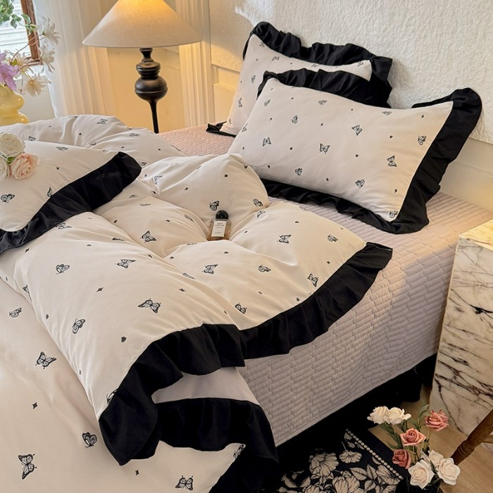 91家纺网 家纺一手货源 找家纺 苏米娜家纺2025新款春夏法式A类母婴级针织双层纱床盖款四件套赫本风全棉纯棉麻泡泡棉小竺棉超柔水洗棉床单床盖款  赫本风-蝶舞 