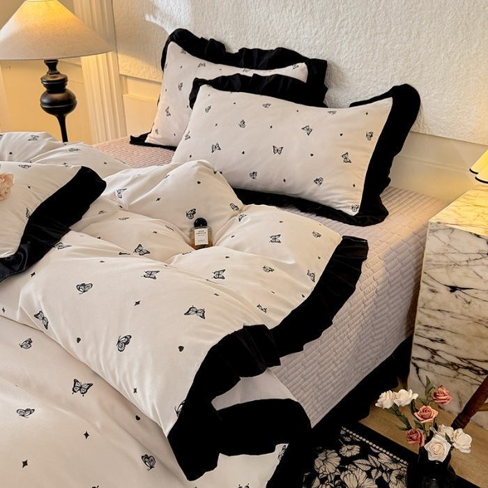 91家纺网 家纺一手货源 找家纺 苏米娜家纺2025新款春夏法式A类母婴级针织双层纱床盖款四件套赫本风全棉纯棉麻泡泡棉小竺棉超柔水洗棉床单床盖款  赫本风-蝶舞 