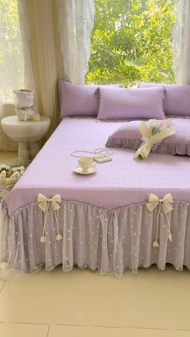 91家纺网 家纺一手货源 找家纺 （总）【苏东来】2025高端法式韩版公主花边PE高分子复合软凉席床裙款三件套纯色蕾丝花边豆豆床裙床单床盖冰丝凉席子三件套件空调席