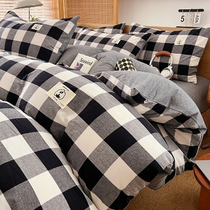 91家纺网 家纺一手货源 找家纺 （总）2025新款色织全棉水洗棉四件套复古简约风柔软细腻舒适裸睡床上用品床单床笠款