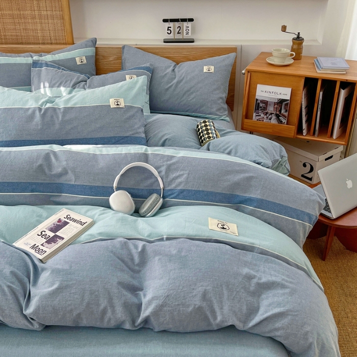 91家纺网 家纺一手货源 找家纺 （总）2025新款色织全棉水洗棉四件套复古简约风柔软细腻舒适裸睡床上用品床单床笠款