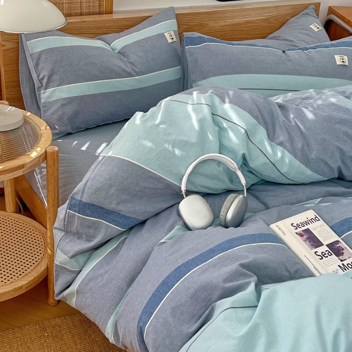 91家纺网 家纺一手货源 找家纺 （总）2025新款色织全棉水洗棉四件套复古简约风柔软细腻舒适裸睡床上用品床单床笠款