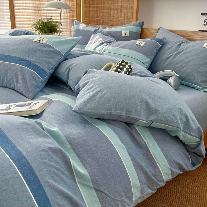 91家纺网 家纺一手货源 找家纺 （总）2025新款色织全棉水洗棉四件套复古简约风柔软细腻舒适裸睡床上用品床单床笠款