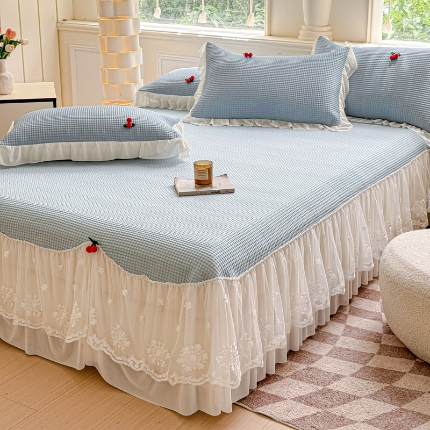 91家纺网 家纺一手货源 找家纺 漫布云2025夏季新款PE聚乙烯中分子凉感凉豆豆蕾丝花边床裙款凉席三件套冰豆豆凉席 可可-嫩黄