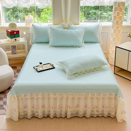 苏米娜2025夏季甄选A类凉豆豆纯色系蕾丝花边床裙款床单款床盖床单凉席三件套蕾丝床盖款凉席三件套 唯爱-天空蓝