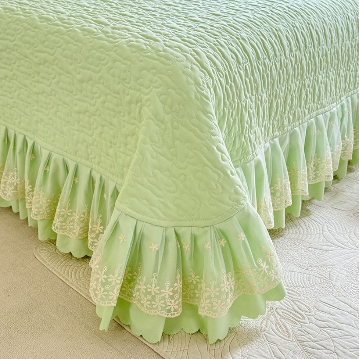 91家纺网 家纺一手货源 找家纺 苏米娜2026春夏新品韩版公主风超柔水洗棉床盖四件套刺绣针织棉双层纱纯棉棉麻全棉公主风床盖款四件套  秘密花园—新芽绿