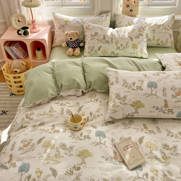 91家纺网 家纺一手货源 找家纺 （总）2025年新款13070全棉四件套加厚斜纹田园清新风四件套纯棉床单床笠款床品套件