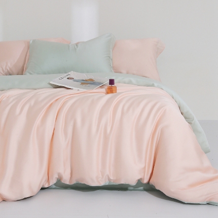 91家纺网 家纺一手货源 找家纺 （总）（总）2025新款【60s兰精天丝四件套】高级纯色双拼丝滑裸睡床单被套夏季居家款套件