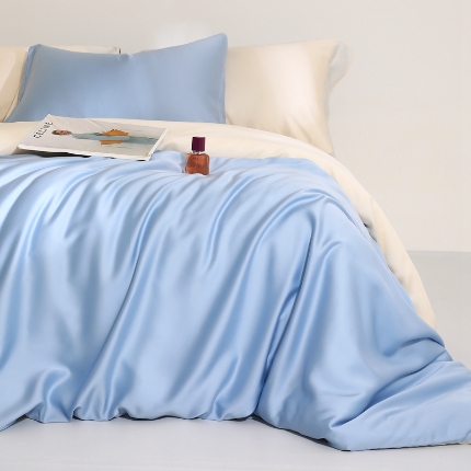 91家纺网 家纺一手货源 找家纺 （总）（总）2025新款【60s兰精天丝四件套】高级纯色双拼丝滑裸睡床单被套夏季居家款套件