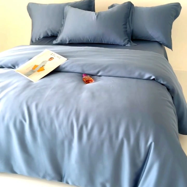 91家纺网 家纺一手货源 找家纺 （总）（总）2025新款【60s兰精天丝四件套】高级纯色双拼丝滑裸睡床单被套夏季居家款套件
