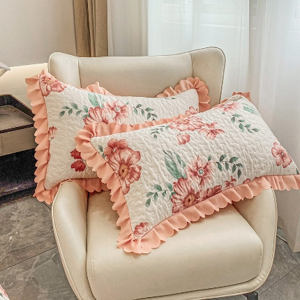 2025春夏新款全棉针织棉棉麻印花小碎花针织棉双层纱夹棉枕套  寻梦