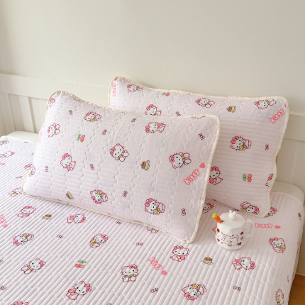 2025新款夹棉枕套水洗棉印花卡通夹棉绗缝枕套 粉色猫咪