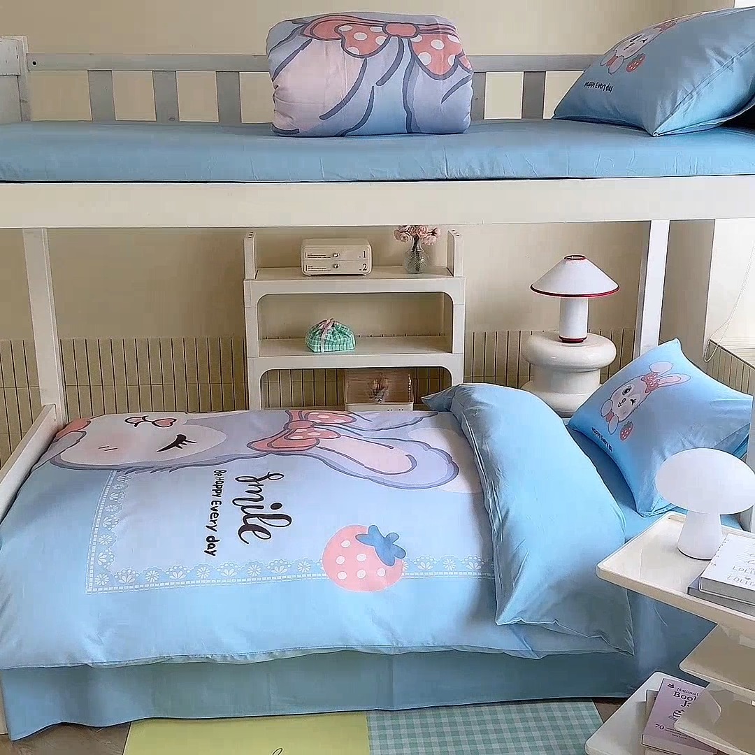 91家纺网 家纺一手货源 找家纺 （总）新方向 2025新款学生季上下铺全棉长绒棉纯棉数码印花卡通三件套四件套-甜美兔