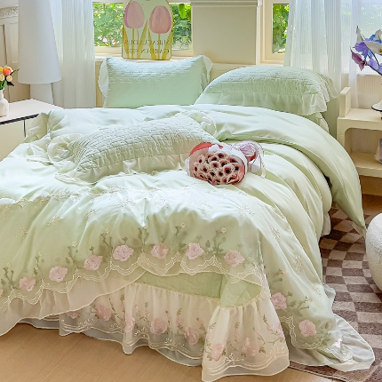 漫布云家纺2025春夏韩版法式公主风水洗棉床盖款多功能被套 夏被床盖四件套多功能二合一水洗棉夹泡泡棉小竺棉棉床裙款  花恋-奶油绿
