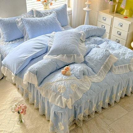 91家纺网 家纺一手货源 找家纺 （总）漫布云家纺2025春夏韩版法式公主风水洗棉床盖款四件套多功能被套 夏被床盖四件套多功能二合一水洗棉夹泡泡棉小竺棉棉床裙款四件套
