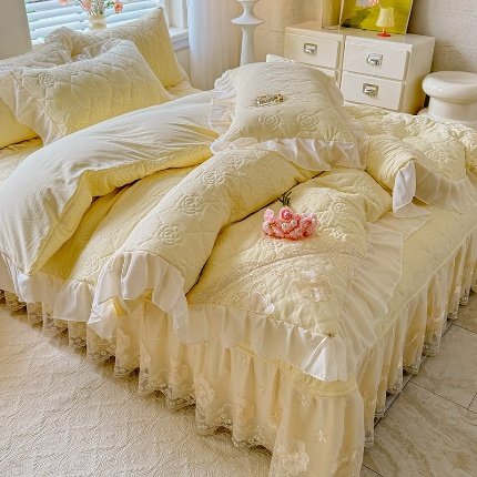苏米娜家纺2026春夏韩版法式公主风水洗棉床盖款四件套多功能被套 夏被床盖四件套多功能二合一水洗棉夹泡泡棉小竺棉棉床裙款四件套 香榭丽-嫩黄 