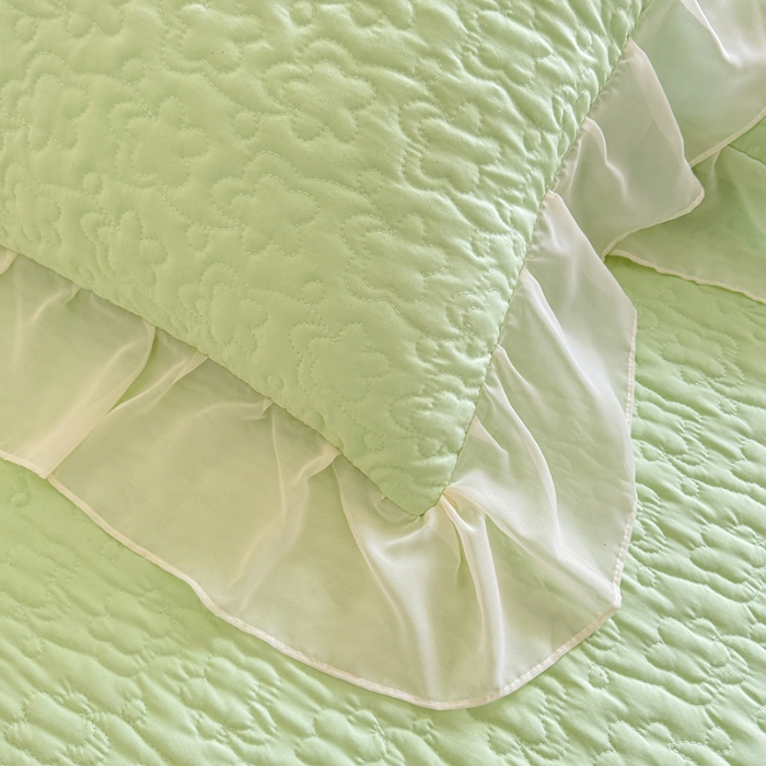 91家纺网 家纺一手货源 找家纺 苏米娜2025春夏新品韩版公主风超柔水洗棉床盖四件套刺绣针织棉双层纱纯棉棉麻全棉公主风床盖款四件套  秘密花园—新芽绿