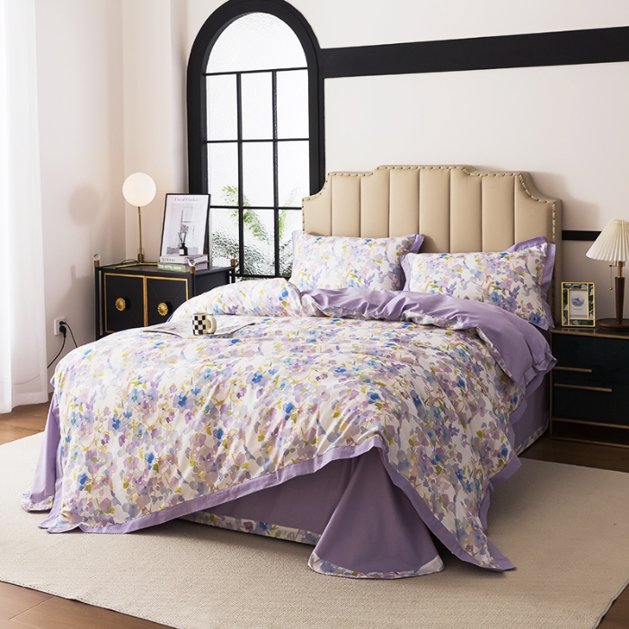 91家纺网 家纺一手货源 找家纺 （总）纯色雨家纺 2025新款全棉斜纹纯棉四件套数码印花中高端套件-紫堇生花