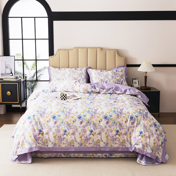 91家纺网 家纺一手货源 找家纺 （总）纯色雨家纺 2025新款全棉斜纹纯棉四件套数码印花中高端套件-紫堇生花