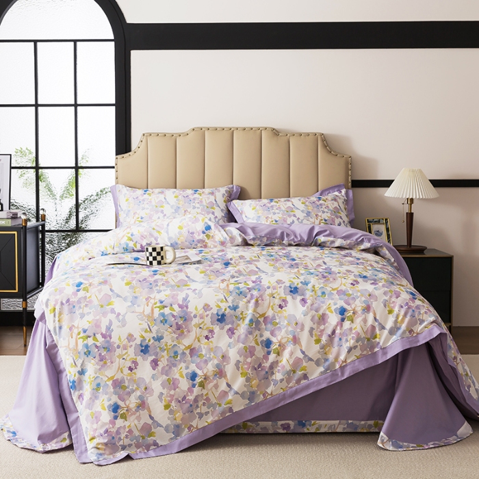 91家纺网 家纺一手货源 找家纺 （总）纯色雨家纺 2025新款全棉斜纹纯棉四件套数码印花中高端套件-紫堇生花