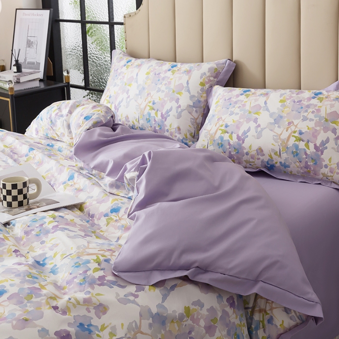 91家纺网 家纺一手货源 找家纺 （总）纯色雨家纺 2025新款全棉斜纹纯棉四件套数码印花中高端套件-紫堇生花