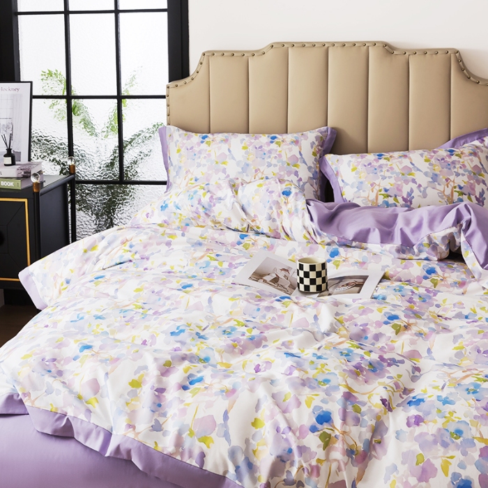 91家纺网 家纺一手货源 找家纺 （总）纯色雨家纺 2025新款全棉斜纹纯棉四件套数码印花中高端套件-紫堇生花