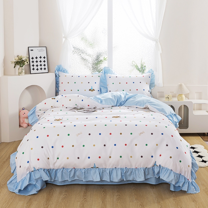 91家纺网 家纺一手货源 找家纺 （总）纯色雨家纺 2025新款花边卡通四件套数码印花中高端三件套-彩色派对