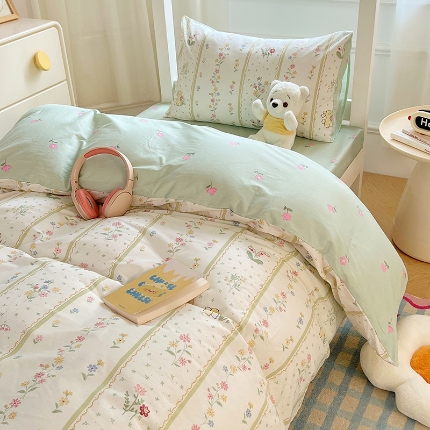 91家纺网 家纺一手货源 找家纺 （总）2025新款13070纯棉全棉100％棉学生三件套田园清新风宿舍六件套组合套装