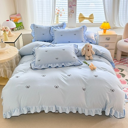 （总）苏米娜2025春夏新品韩版超柔水洗棉蝴蝶结刺绣针织棉双层纱纯棉棉麻全棉小香风公主风床裙款四件套