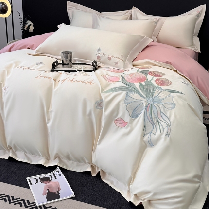 91家纺网 家纺一手货源 找家纺 （总）2025新款刺绣亲肤棉轻奢四件套-郁金花束