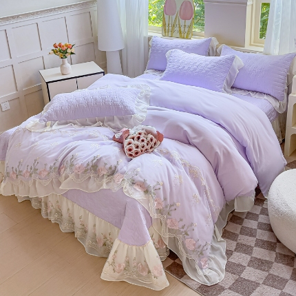 专柜品质漫布云家纺2025春夏韩版法式公主风水洗棉床盖款多功能被套 夏被床盖四件套多功能二合一水洗棉夹泡泡棉小竺棉棉床裙款 花恋-梦幻紫 