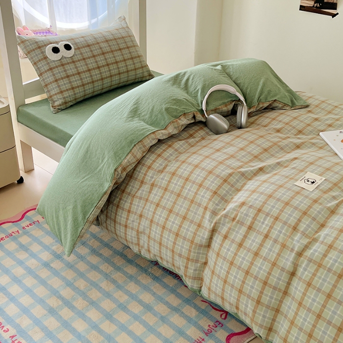 91家纺网 家纺一手货源 找家纺 （总）2025新款大眼睛毛巾绣多巴胺色织全棉水洗棉学生三件套宿舍四件套床单被套枕套床品套件