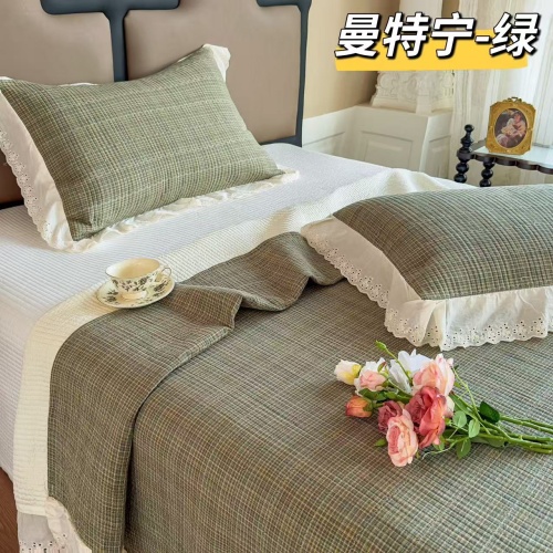 91家纺网 家纺一手货源 找家纺 （总）A类纯棉色织水洗棉床盖240*260CM全棉条纹三件套花边格子四季通用