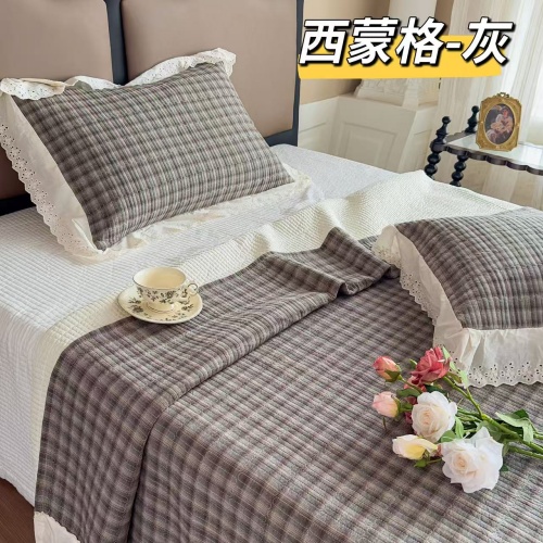 91家纺网 家纺一手货源 找家纺 （总）A类纯棉色织水洗棉床盖240*260CM全棉条纹三件套花边格子四季通用