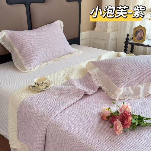 91家纺网 家纺一手货源 找家纺 （总）A类纯棉色织水洗棉床盖240*260CM全棉条纹三件套花边格子四季通用