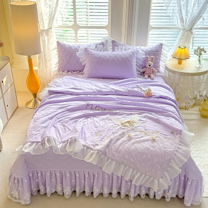 （总）苏米娜家纺2025春夏新品韩版甜美公主风全棉双层纱水洗棉床盖四件套刺绣针织棉双层纱纯棉棉麻全棉少女心夹棉床裙款夏被款床盖四件套