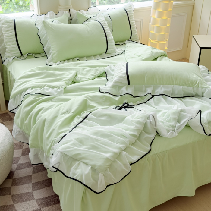 91家纺网 家纺一手货源 找家纺 漫布云2025春夏韩版公主风小香风公主风水洗棉工艺款四件套法式蕾丝花边床裙款四件套 小香—薄荷绿 